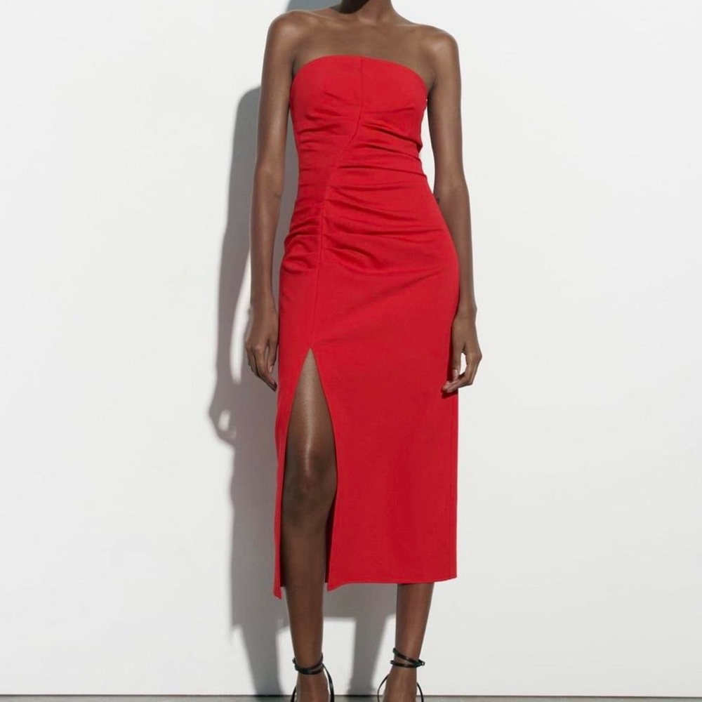 Zara red strapless midi dress
